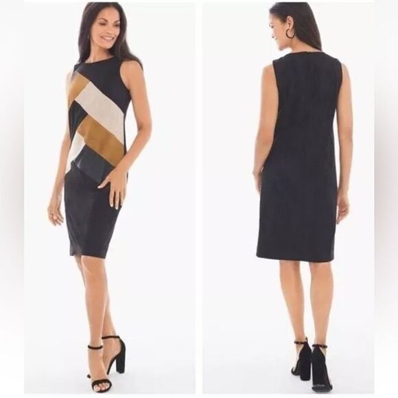 Chico's  Dress Women Size Medium Pieced  Faux suede Black Brown Sleeveless - Picture 1 of 13